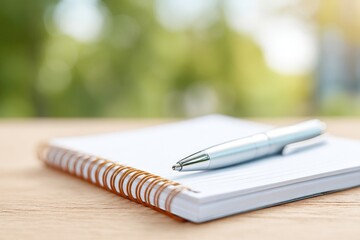 lone notebook and pen on clean wooden desk symbolize self-education simplicity and focus
