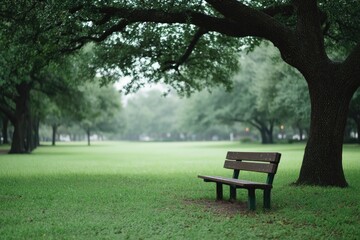 lone wooden bench sits under sprawling oak tree in vast green park offering tranquility and solitude with ample copy