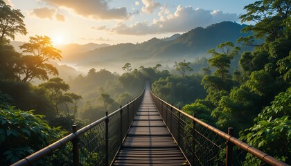 Obraz premium Suspension Bridge over Verdant Canopy at Sunrise with Hazy Mountain View