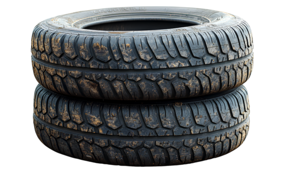 Two old tires stacked on top of each other, isolated on a transparent background