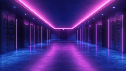 Fototapeta premium Neon-lit corridor of modern data center.