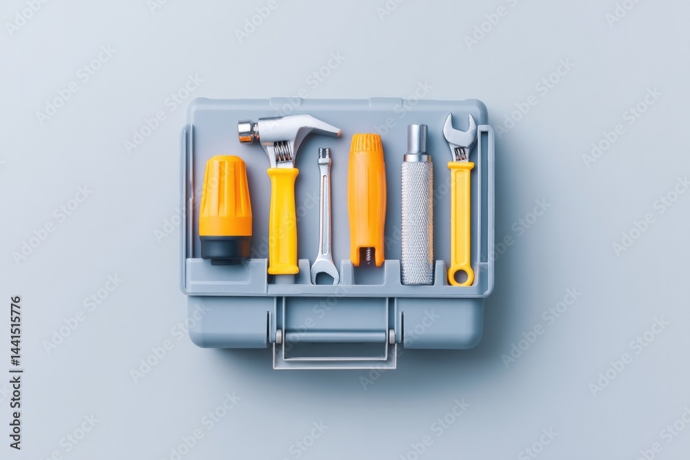 Poster minimalist view of electrician toolbox with essential tools neatly arranged on plain surface