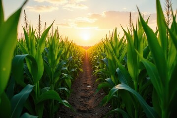 Fototapeta premium Rows of tall corn stalks gleam under morning sun, creating a lush green vista , peaceful, morning, maize