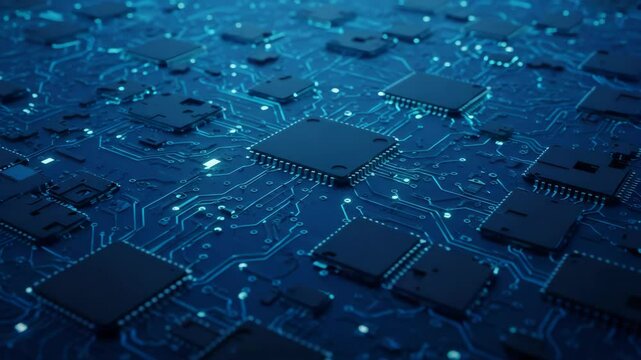 Blue futuristic printed circuit board. Digital server code processing or AI artificial intelligence deep machine learning concept, 3D render abstract network technology background.