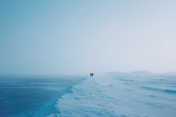 Naklejka premium minimalistic arctic landscape with vast icy blue expanse blurred human figures in distance immense silence