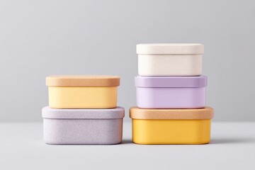 minimalistic arrangement of various lunch boxes showcasing textures and colors on flat surface