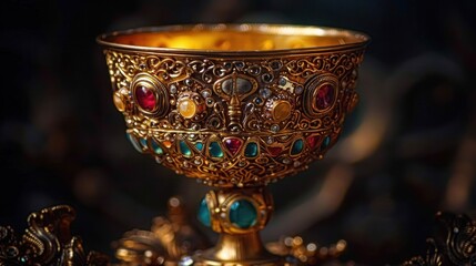 ornate golden chalice adorned with intricate filigree and colorful gemstones including red, turquoise, and amber, showcasing luxurious craftsmanship and elegance