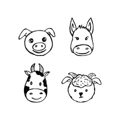 Animal farm cartoon cute face vector hand-drawn, pig, donkey, cow, and sheep.