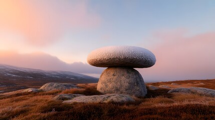 Frosty Sunrise over Balanced Rock Formation in Highland Moorland