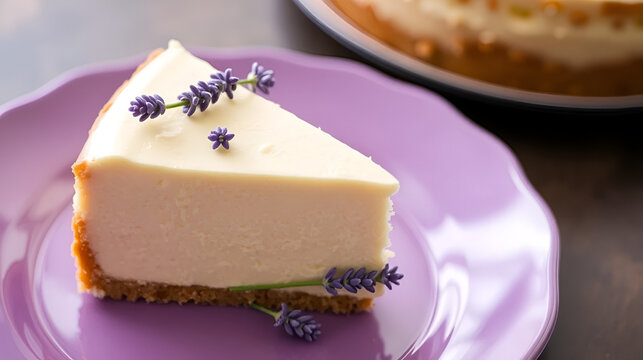 Creamy Cheesecake Slice with Lavender Garnish on Purple Plate