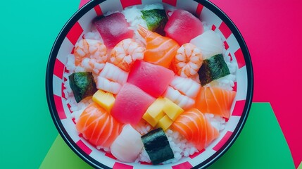 Sushi Bowl: A vibrant and delicious sushi bowl, featuring an artful arrangement of fresh fish and sushi rice. This culinary creation is a feast for the eyes.