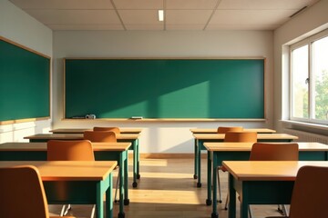 Empty classroom, chairs arranged, blackboard ready , lesson, classroom setting