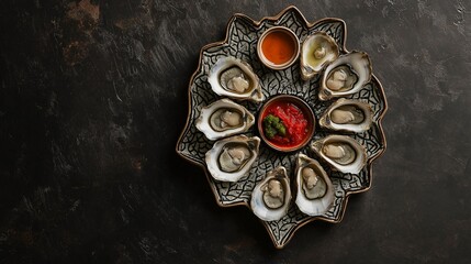 Gourmet Oyster Platter: A high-angle shot captures a dozen fresh oysters, artistically arranged on a decorative platter, alongside dipping sauces, inviting a culinary journey of taste and texture.