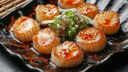 Pan-Seared Scallops with Spicy Glaze: Eight succulent pan-seared scallops, glistening with a vibrant spicy glaze, are artfully arranged on a black plate.