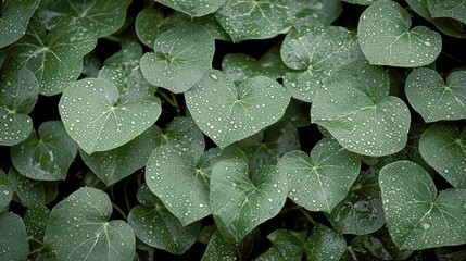 Closeup of lush green leaves with water drops