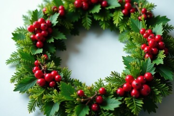 Lush greenery & glistening red berries, classic holiday wreath , color, decoration