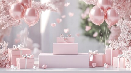 Romantic pink gift presentation with balloons and hearts
