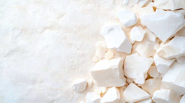 White kaolin clay chunks and fine mineral powder scattered on a textured chalky background.