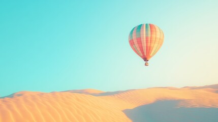Colorful hot air balloon over golden desert dunes.