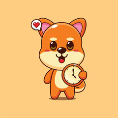 Cute shiba inu cartoon vector illustration with clock