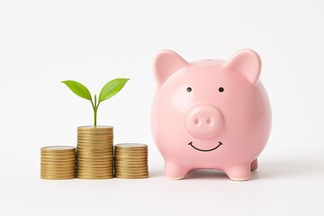 Pink piggy bank next to coin stacks with green plant sprout. Concept of saving money, financial growth, investment, and eco-conscious personal finance.