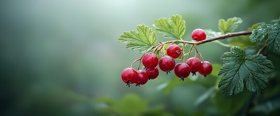 Fototapeta premium A close-up of vibrant red berries on a green branch, with dew drops and foliage