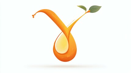 Artistic Orange Fluid Spiral with Light Yellow Drop and Green Leaves on White