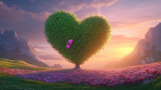 Lush heart-shaped tree in a vibrant landscape at sunrise.