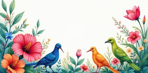 Vibrant watercolor wash depicting diverse flora and fauna, painting, habitat