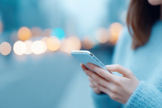person using smartphone in urban setting filled with screens and digital interfaces