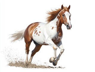 Obraz premium A spirited horse in a full gallop, showcasing a striking pinto pattern against a pristine backdrop
