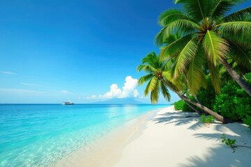 Lush palm trees fringe a pristine, sandy beach on a tropical island , sand, vegetation