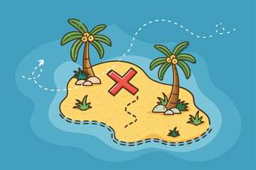 Create a vibrant vector map illustration of a treasure island, featuring palm trees, a pirate ship, and a hidden X marking buried treasure.  Stylize it with a vintage, cartographic feel.