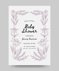 Baby shower invitation with hand drawn floral illustration. floral frame line art style. Perfect for card, poster, flyer