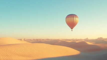 Obraz premium Golden hot air balloon above desert dunes at dawn.