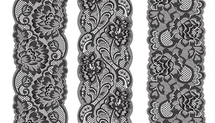 Three narrow black lace trims featuring a large flower design, arranged opposite each other. 