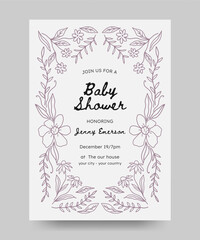 Baby shower invitation with hand drawn floral illustration. floral frame line art style. Perfect for card, poster, flyer
