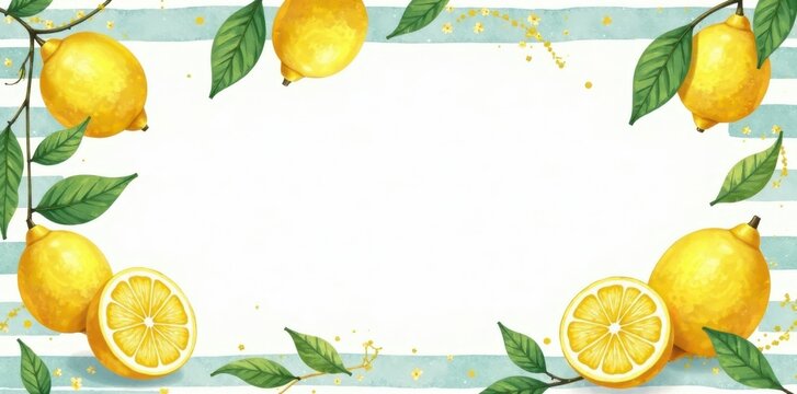 Cute lemon watercolor illustration, striped wave frame, floral pattern, graphic, frame