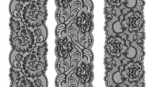 Three narrow black lace trims featuring a large flower design, arranged opposite each other. 