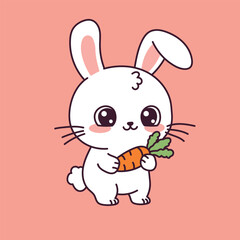 Cute white bunny holding a carrot. Kawaii cartoon rabbit character on pastel background. Adorable animal illustration for kids.