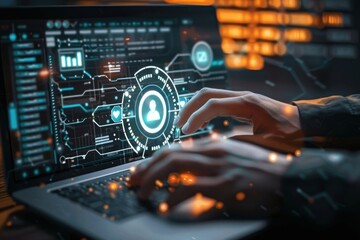 Person interacting with a laptop displaying futuristic digital interface with user icons, charts, and data analytics, creating an engaging and tech-savvy atmosphere