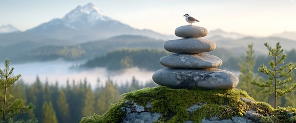 Bird perched atop stacked stones. Mountain backdrop with forest and misty valleys. Serene scenery