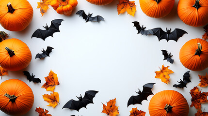 Festive halloween background with pumpkins,black bats and fall leaves arranged on white background creating an empty space ideal for text