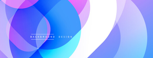 Abstract colorful circles overlap, creating modern background. Gradient shades blend blue, purple, white hues. Minimalist design.