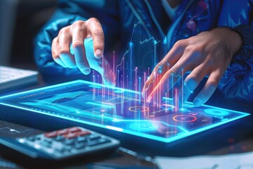 Person interacting with futuristic transparent digital touchscreen displaying glowing graphs and data in a dimly lit office environment, focused on technology and analysis