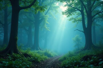Fototapeta premium Layered mist veils a mystical forest; vibrant blues and greens , environment, green
