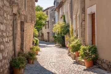 Naklejka premium serene minimalist image of quaint cobblestone street winding through picturesque european village
