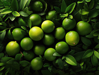 A vibrant arrangement of fresh green limes nestled among lush green leaves, showcasing nature's bounty and the freshness of citrus fruits, perfect for adding zest to any dish.