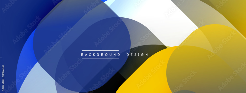 Poster Abstract composition. Overlapping circles create dynamic visual effect. Blue, yellow, gray, white hues dominate design. Modern aesthetic.
