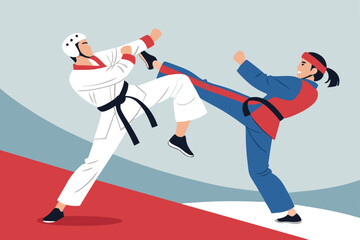 Create a dynamic vector illustration of a Taekwondo sparring match featuring two athletes wielding Bos, showcasing intense action and dynamic poses.